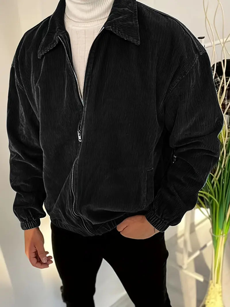 Versatile men's black corduroy zip jacket, ideal for casual everyday style and classic outerwear.