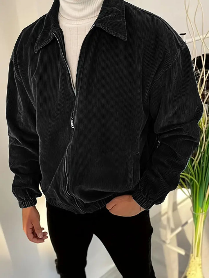 Versatile men's black corduroy zip jacket, ideal for casual everyday style and classic outerwear.