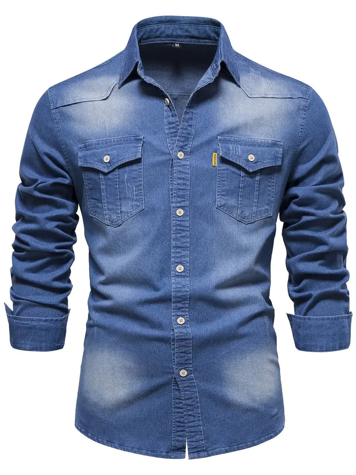Men's stylish blue denim button-down shirt by Hugo, perfect for casual wear. Long-sleeve, versatile fashion.