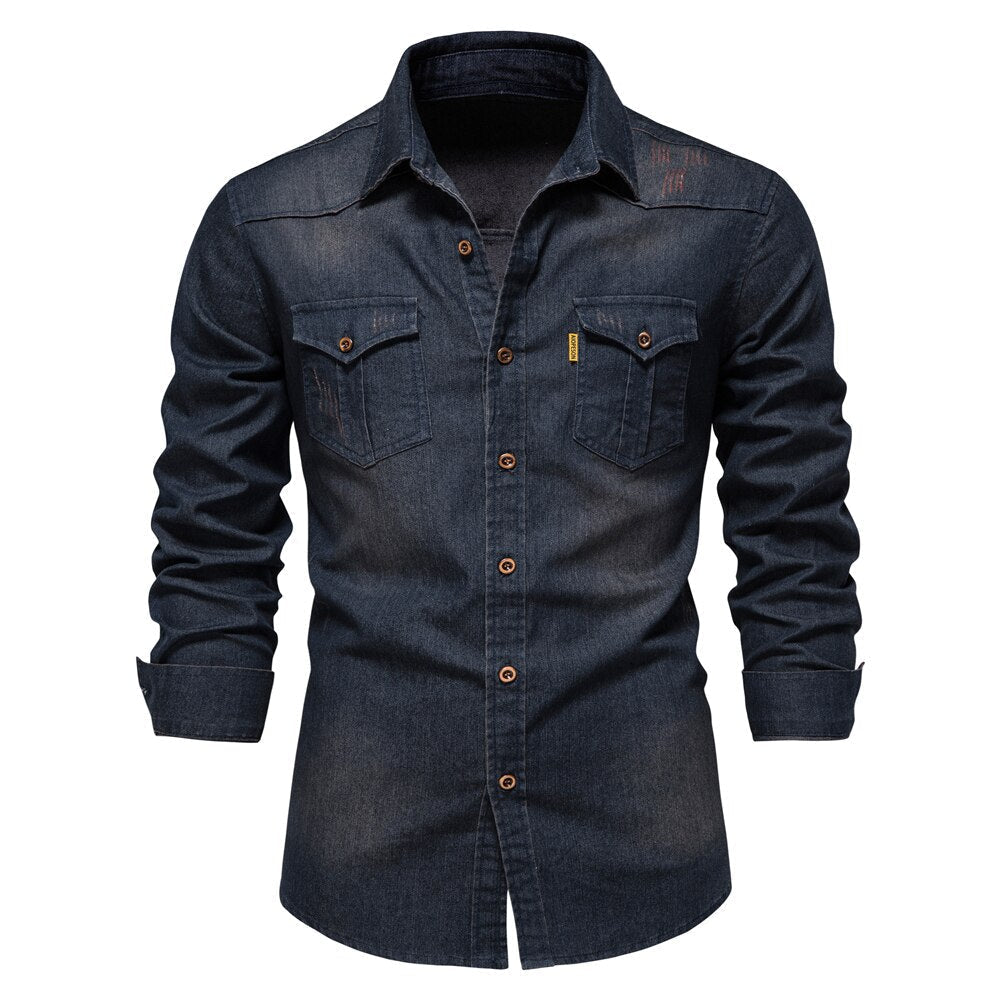 Hugo men's blue denim button-down shirt. Classic long-sleeve style for effortless casual and everyday wear.