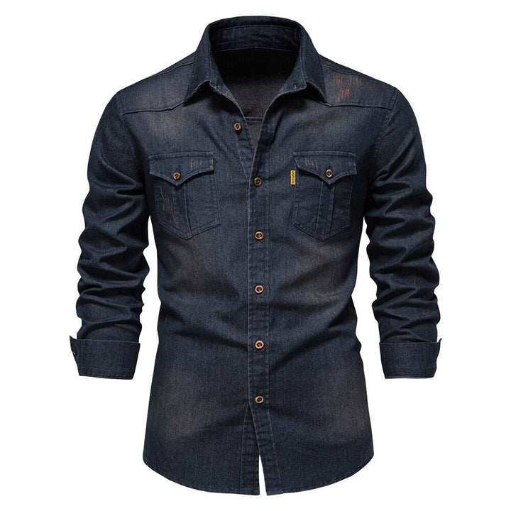 Hugo men's blue denim button-down shirt. Classic long-sleeve style for effortless casual and everyday wear.