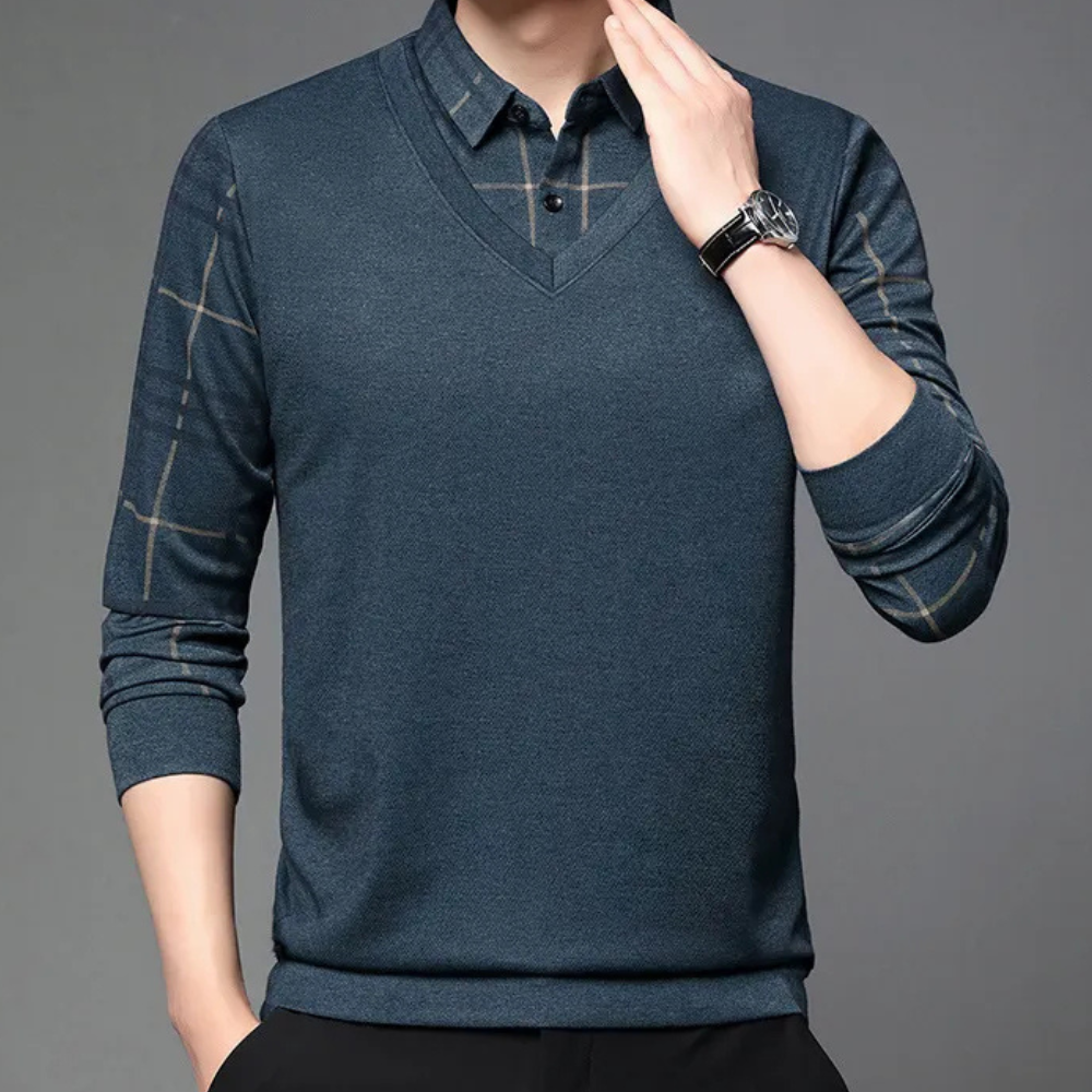 Men's stylish blue knit sweater with a unique print. Casual, comfortable polyester jumper.