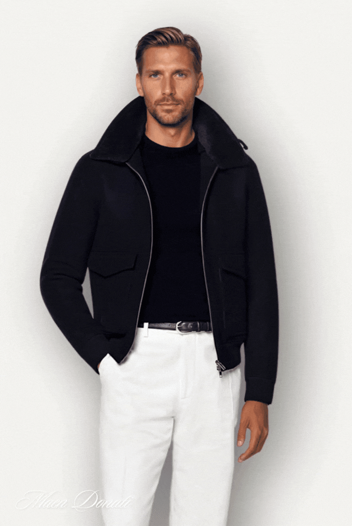 Stylish men's hip-length bomber jacket with a versatile removable collar, ideal for modern outerwear fashion.