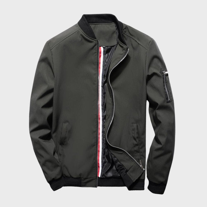 Modern fall men's bomber jacket, stylish and versatile casual outerwear.