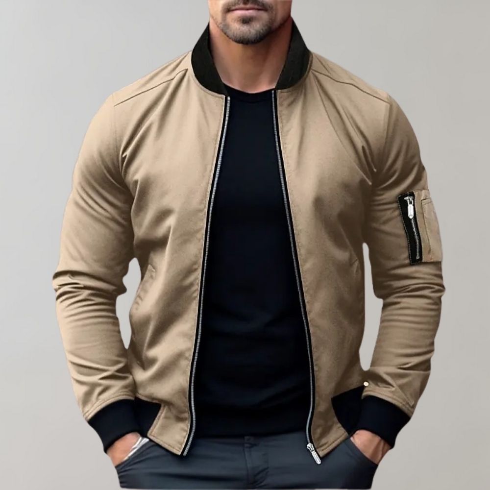 Black men's bomber jacket, sleek & lightweight, perfect stylish casual outerwear.