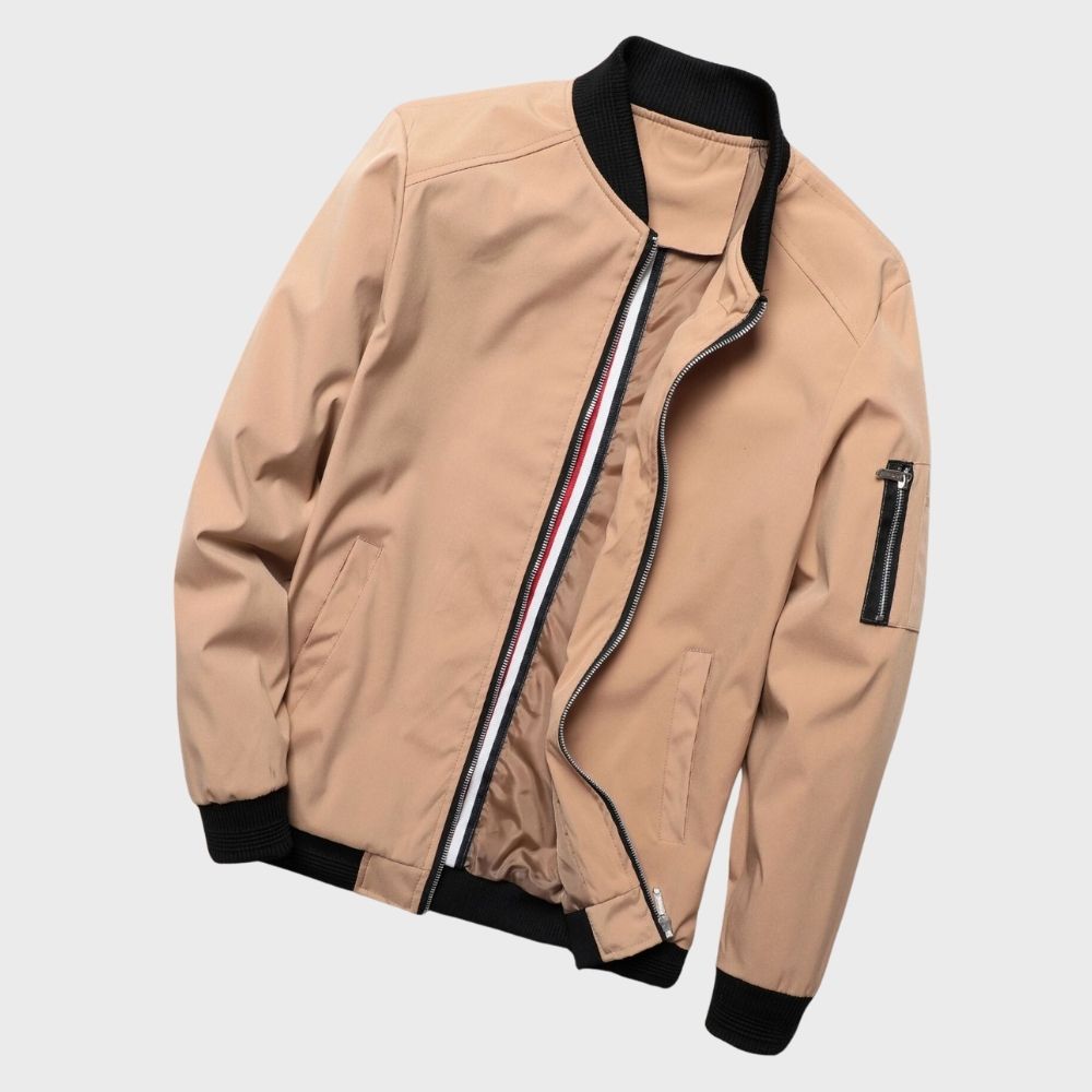 Red men's bomber jacket, bold & stylish, lightweight casual everyday wear.