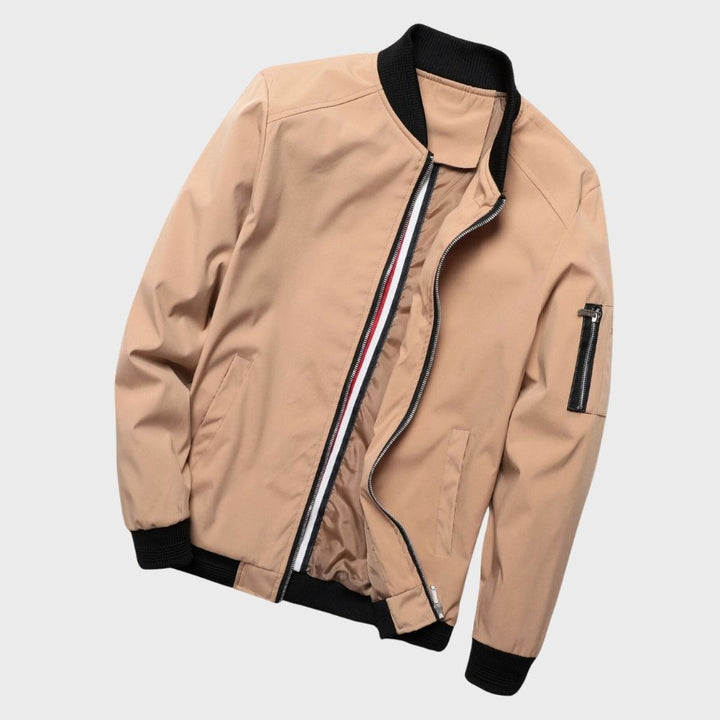 Red men's bomber jacket, bold & stylish, lightweight casual everyday wear.