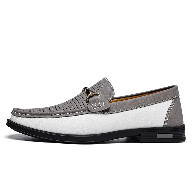Men's slip-on bit loafers with elegant metal embellishment; sophisticated casual & formal footwear.