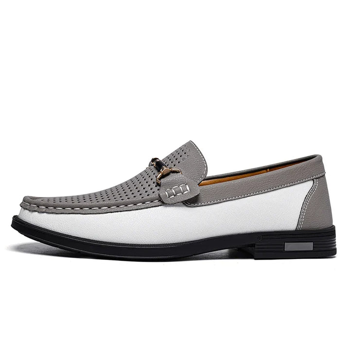 Men's slip-on bit loafers with elegant metal embellishment; sophisticated casual & formal footwear.