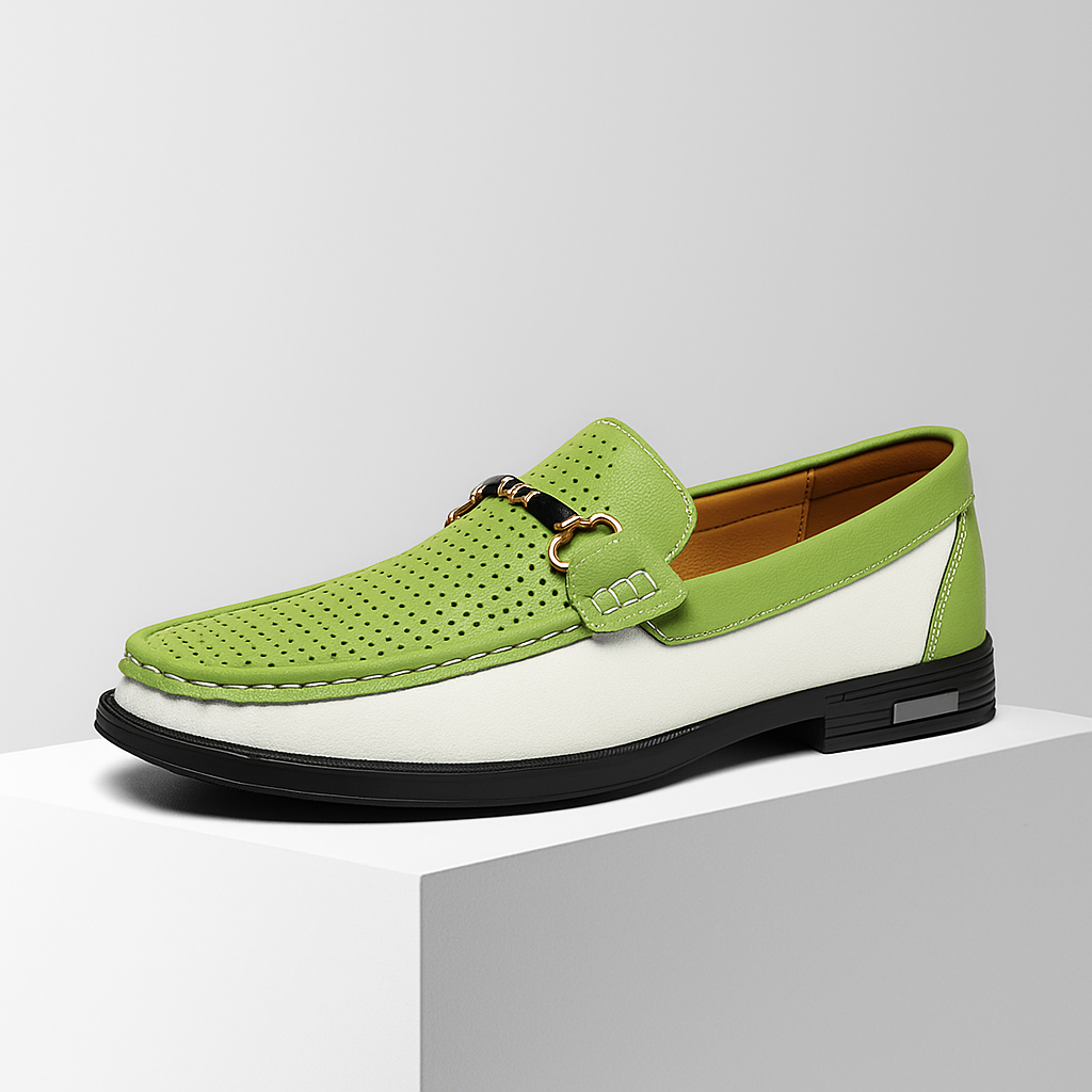 Brown leather men's bit loafers featuring sleek metal detailing; ideal dress shoes & casual slip-ons.