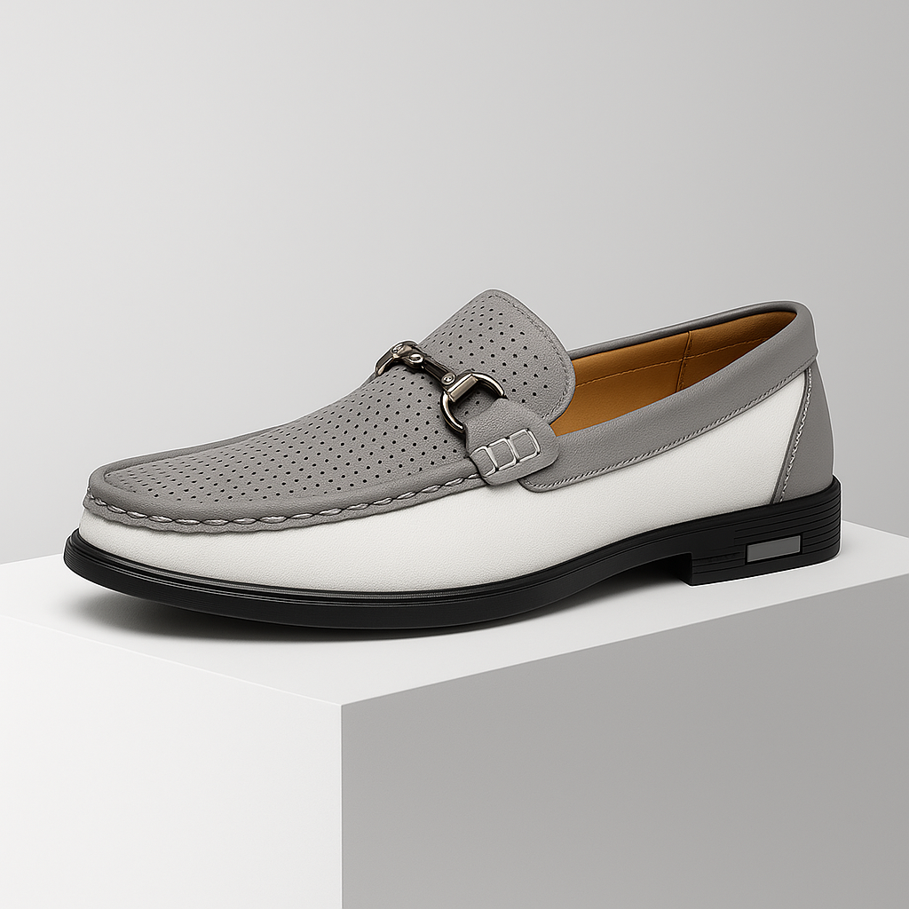 Front view of stylish men's bit loafers, highlighting metal bit & premium leather; smart casual footwear.