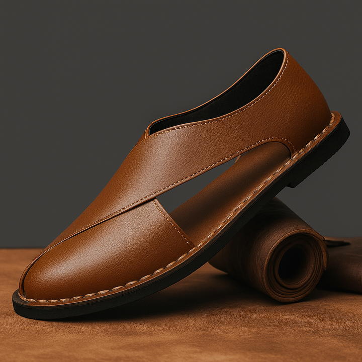 Men's stylish brown cross-strap summer sandals with cushioned sole for ultimate comfort.