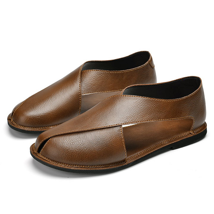 Brown men's casual sandals, slip-on style with comfortable cross-straps for summer.