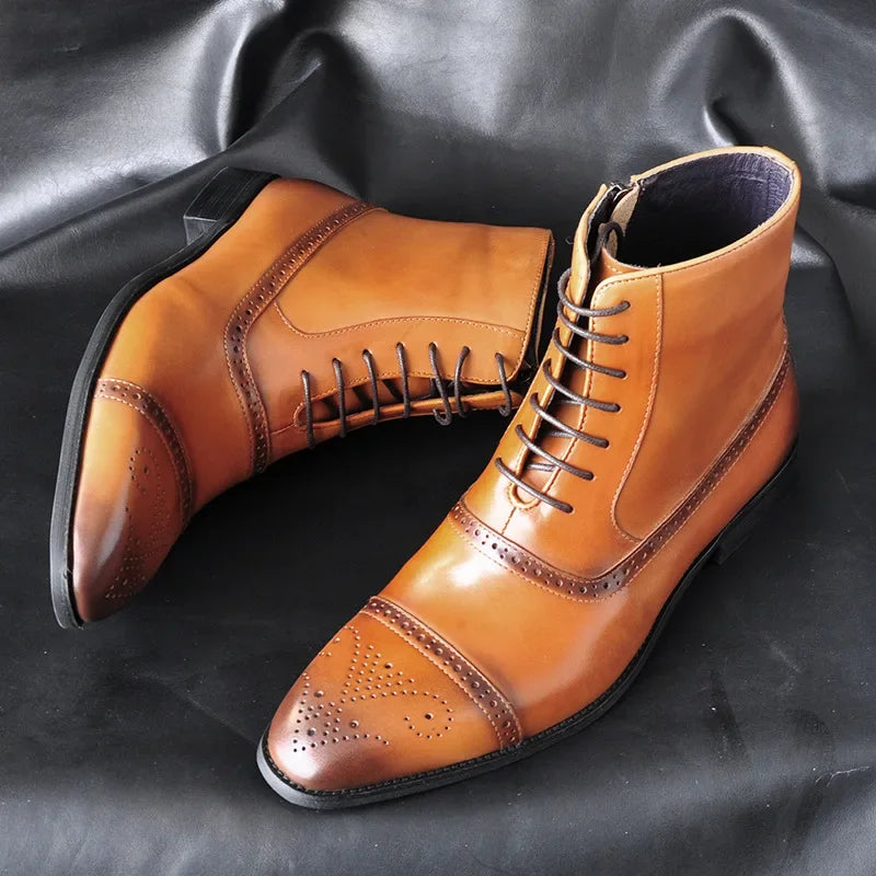 Men's stylish brown leather dress boots for business or smart casual wear, featuring all-day comfort.