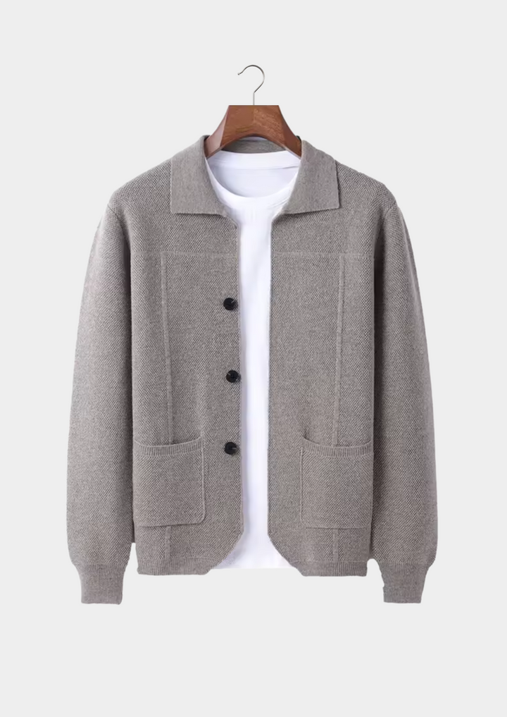 Comfortable men's relaxed fit button-up cardigan sweater, perfect for all-season layering.