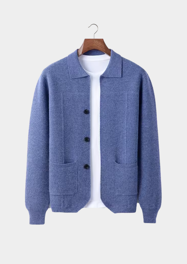 Smart casual men's button-up cardigan sweater, ideal for layering or relaxed everyday wear.