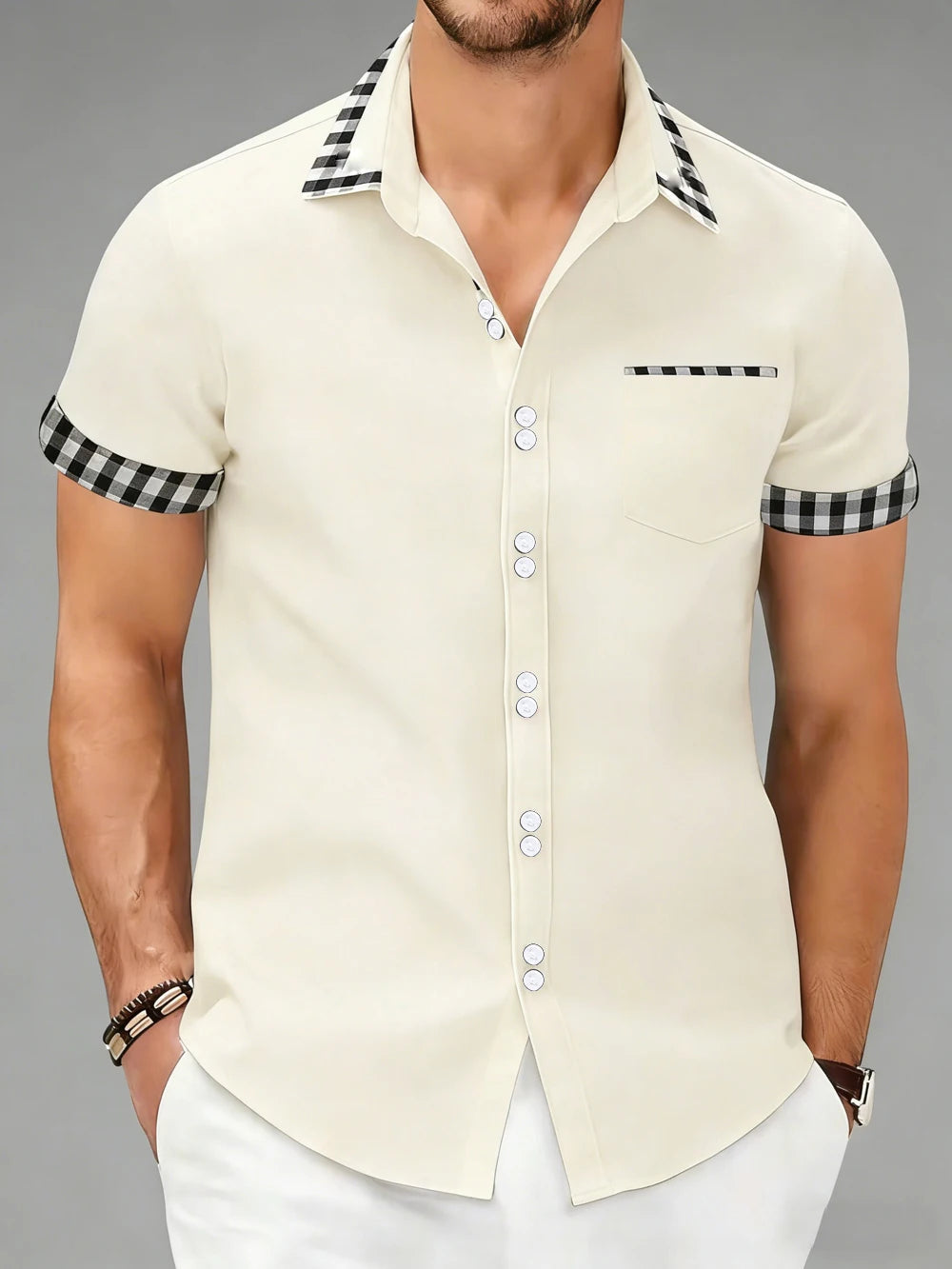 Men's stylish button-up checkered shirt, tailored fit. Perfect for smart casual or business casual wear.