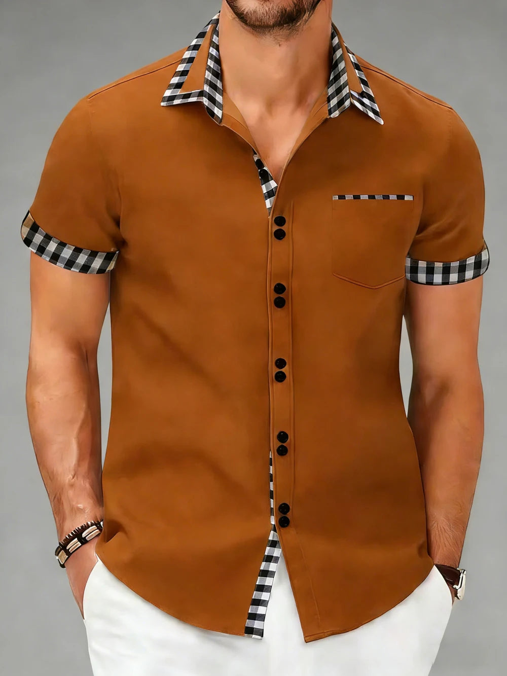 Men's smart casual button-up shirt with subtle checkered details. A modern, tailored fit design.