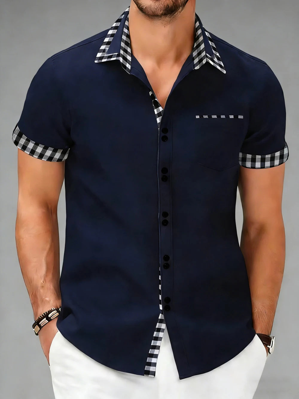 Classic yet modern men's long sleeve button-up checkered shirt. Essential for refined men's fashion.