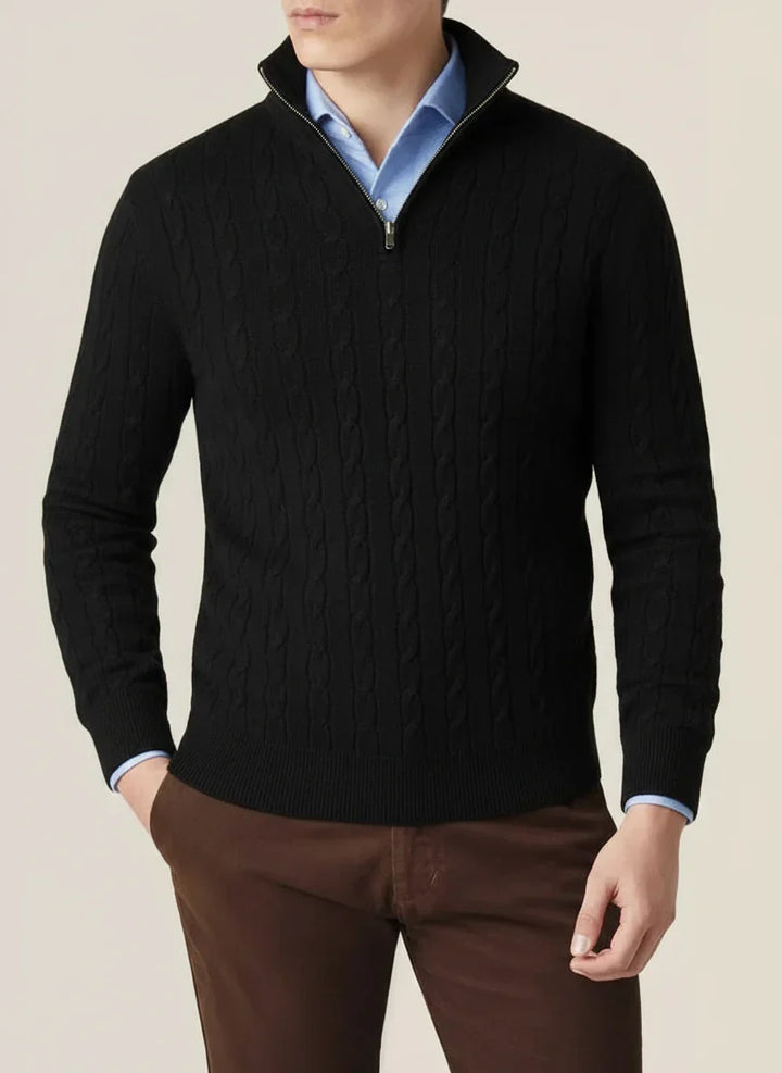 Men's stylish cable knit half-zip jumper with stand collar, ideal for casual wear.