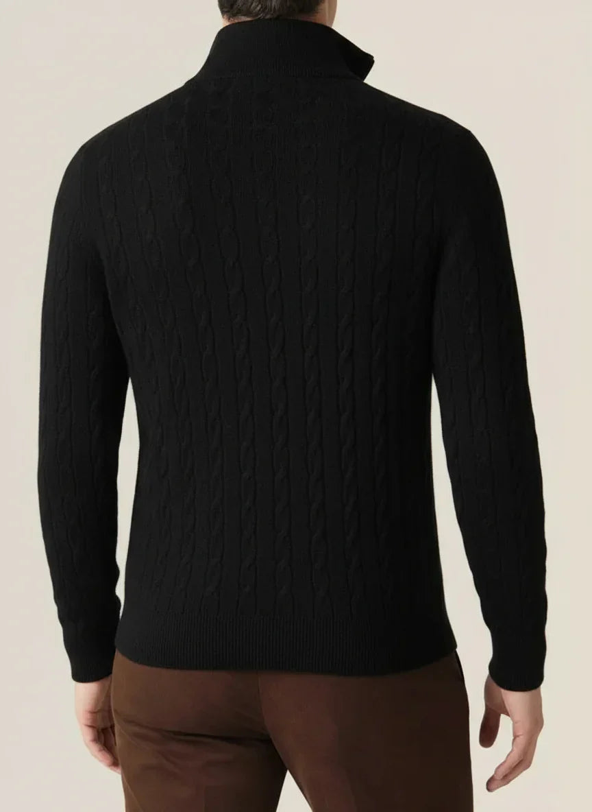 Cozy men's cable knit sweater, half-zip design, perfect for winter layering and warmth.