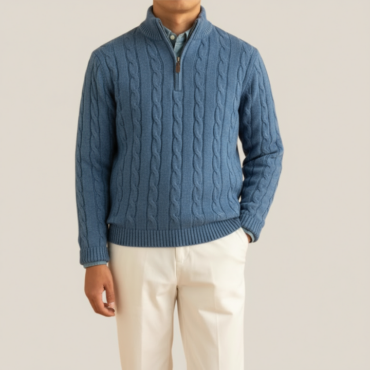 Versatile men's half-zip cable knit jumper with stand collar for smart-casual occasions.