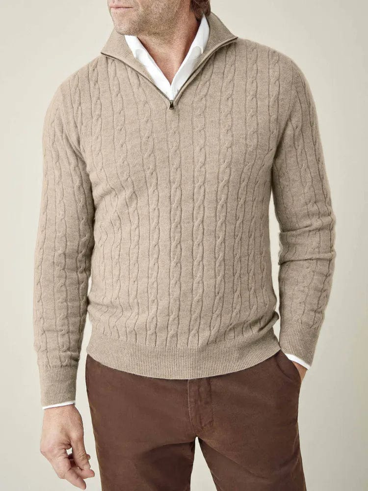 Close-up of men's cable knit texture on a half-zip sweater with ribbed stand collar detail.