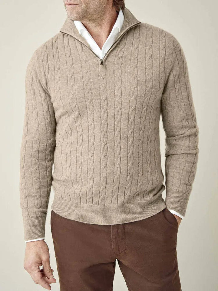 Close-up of men's cable knit texture on a half-zip sweater with ribbed stand collar detail.