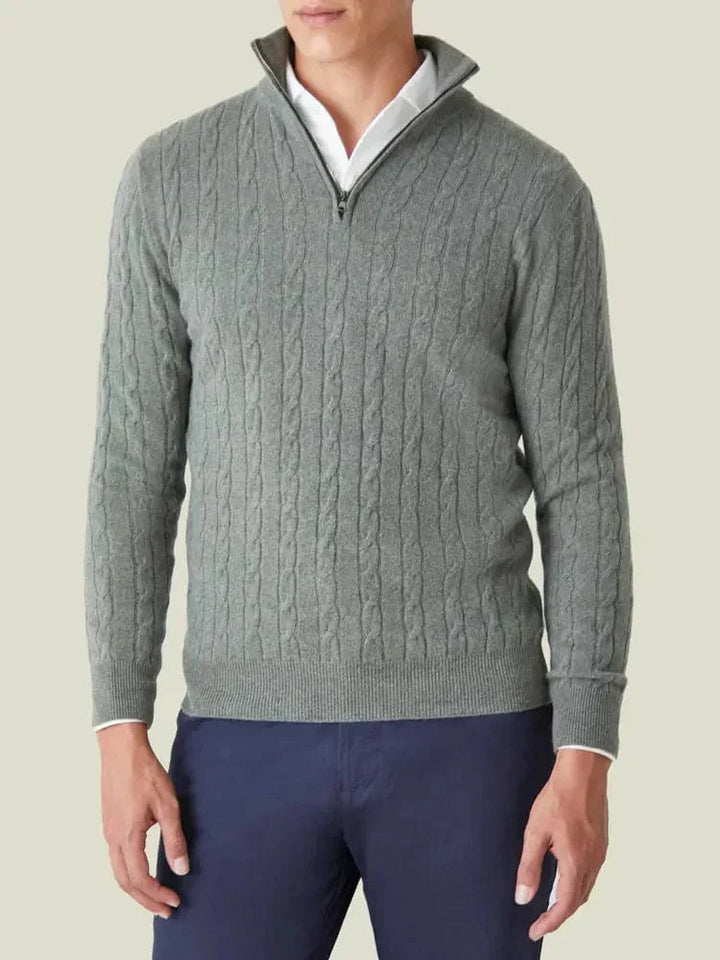 Comfortable men's half-zip cable knit jumper, great for everyday winter fashion style.