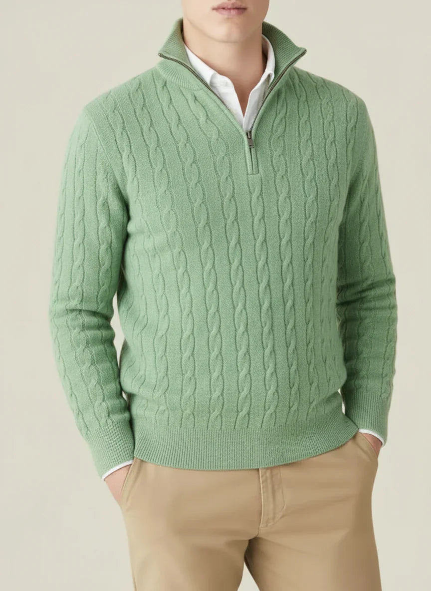 Men's fashion model wearing a classic half-zip cable knit jumper with a stand collar.