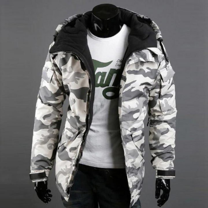 Warm men's camouflage jacket with durable fabric, perfect for outdoor activities & everyday military-style fashion.