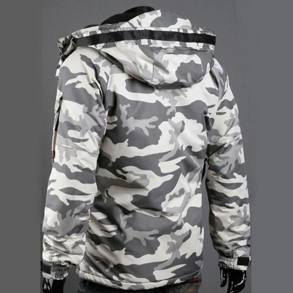 Fashionable men's camo jacket, versatile outerwear for a stylish casual look or robust outdoor adventure.