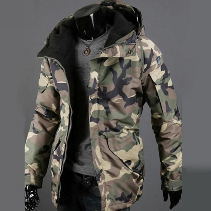Rafael men's camouflage jacket, a trendy and functional outerwear piece for rugged outdoor style and warmth.