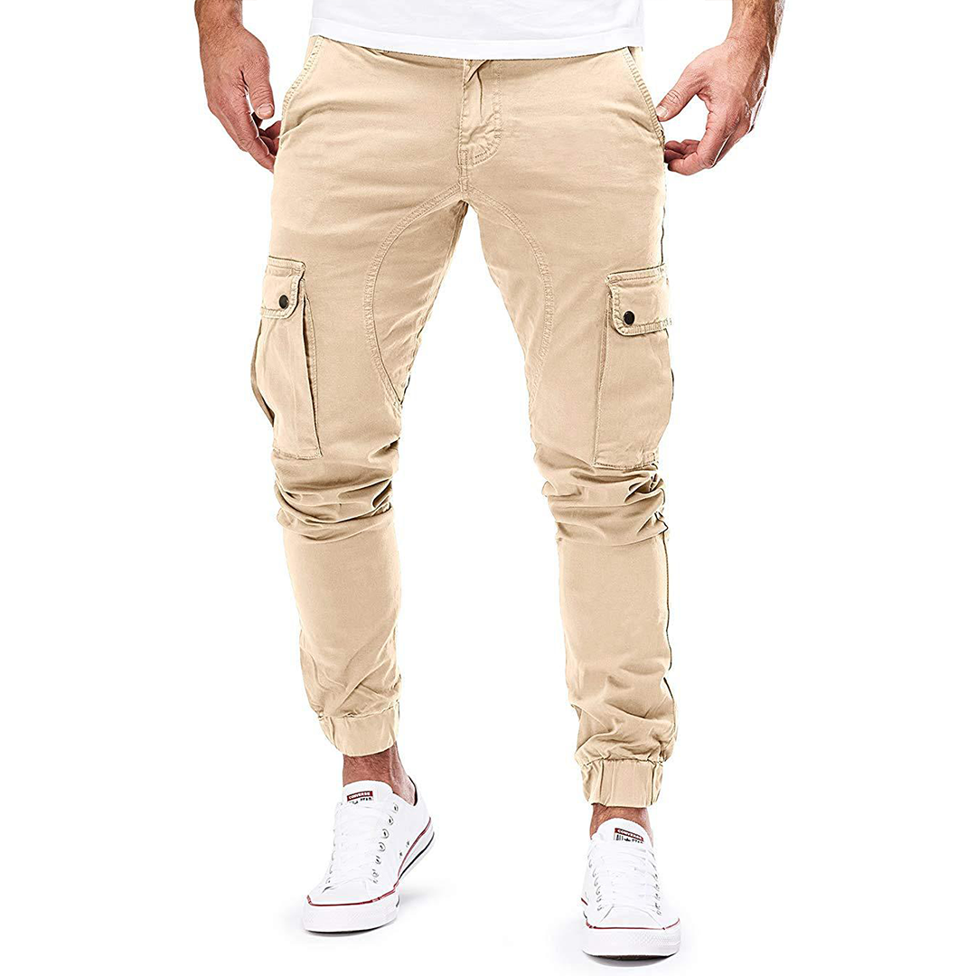 Men's stylish cargo joggers, ideal for urban street style or casual everyday wear. Stretch cotton blend comfort.