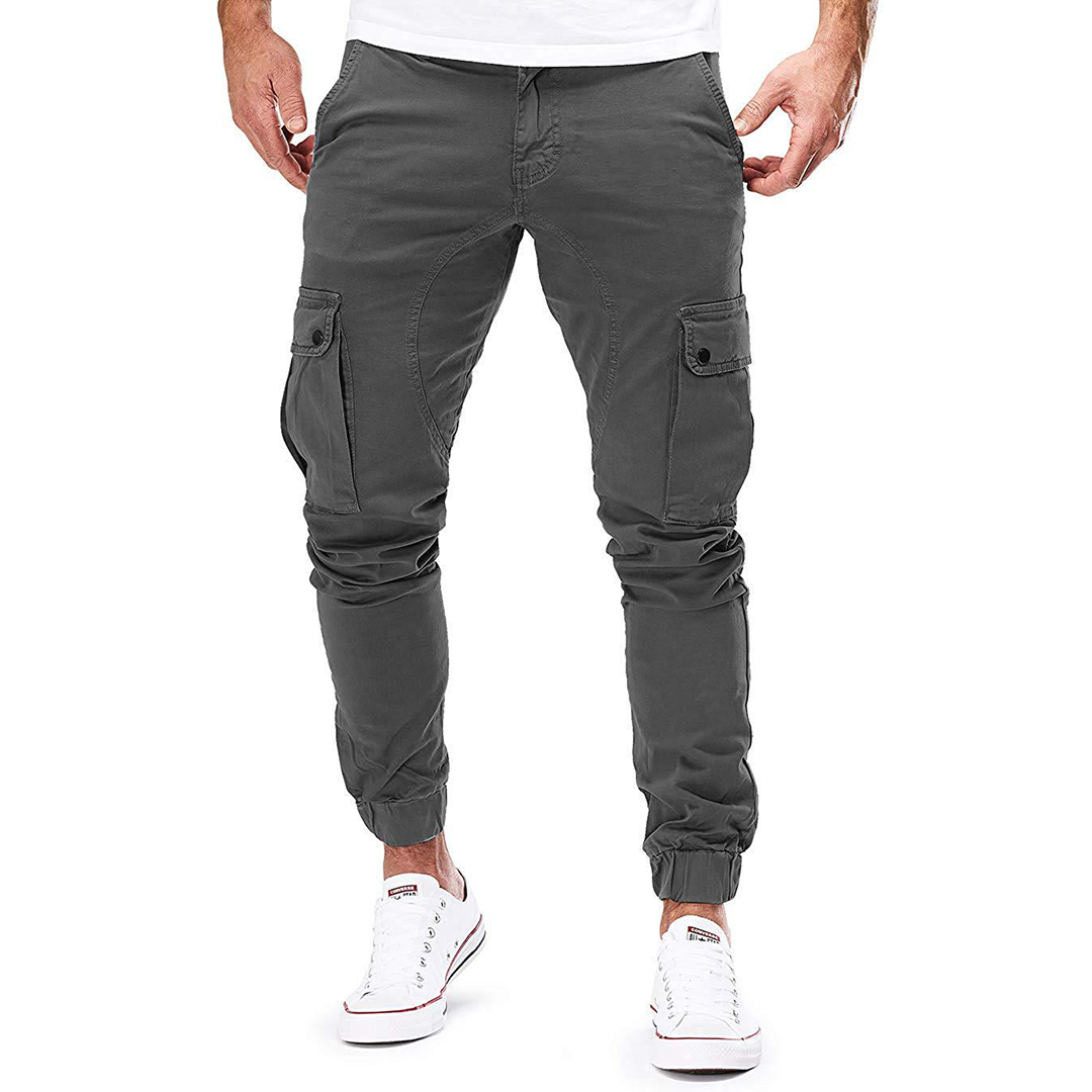 Durable cotton blend men's cargo pants, stretch joggers with practical pockets for everyday comfort & style.