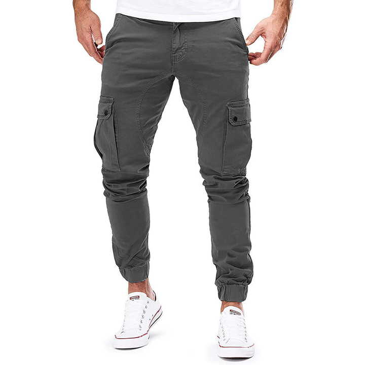 Durable cotton blend men's cargo pants, stretch joggers with practical pockets for everyday comfort & style.