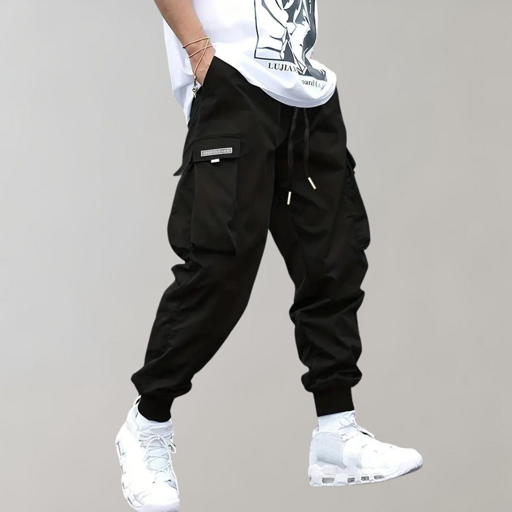 Comfortable men's cargo trousers with ample storage, ideal for active lifestyles.