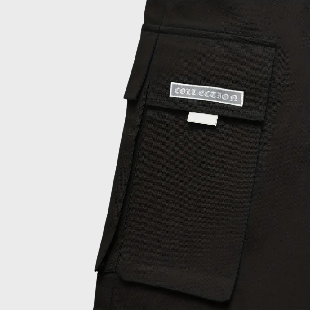 Close-up of men's cargo pants pocket, highlighting functional design and durable fabric.