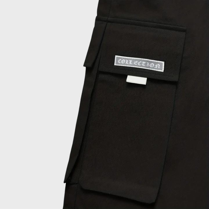 Close-up of men's cargo pants pocket, highlighting functional design and durable fabric.