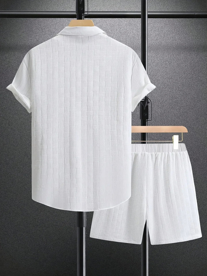 Stylish men's casual outfit, a comfortable two-piece set for a modern look. Polyester blend material.