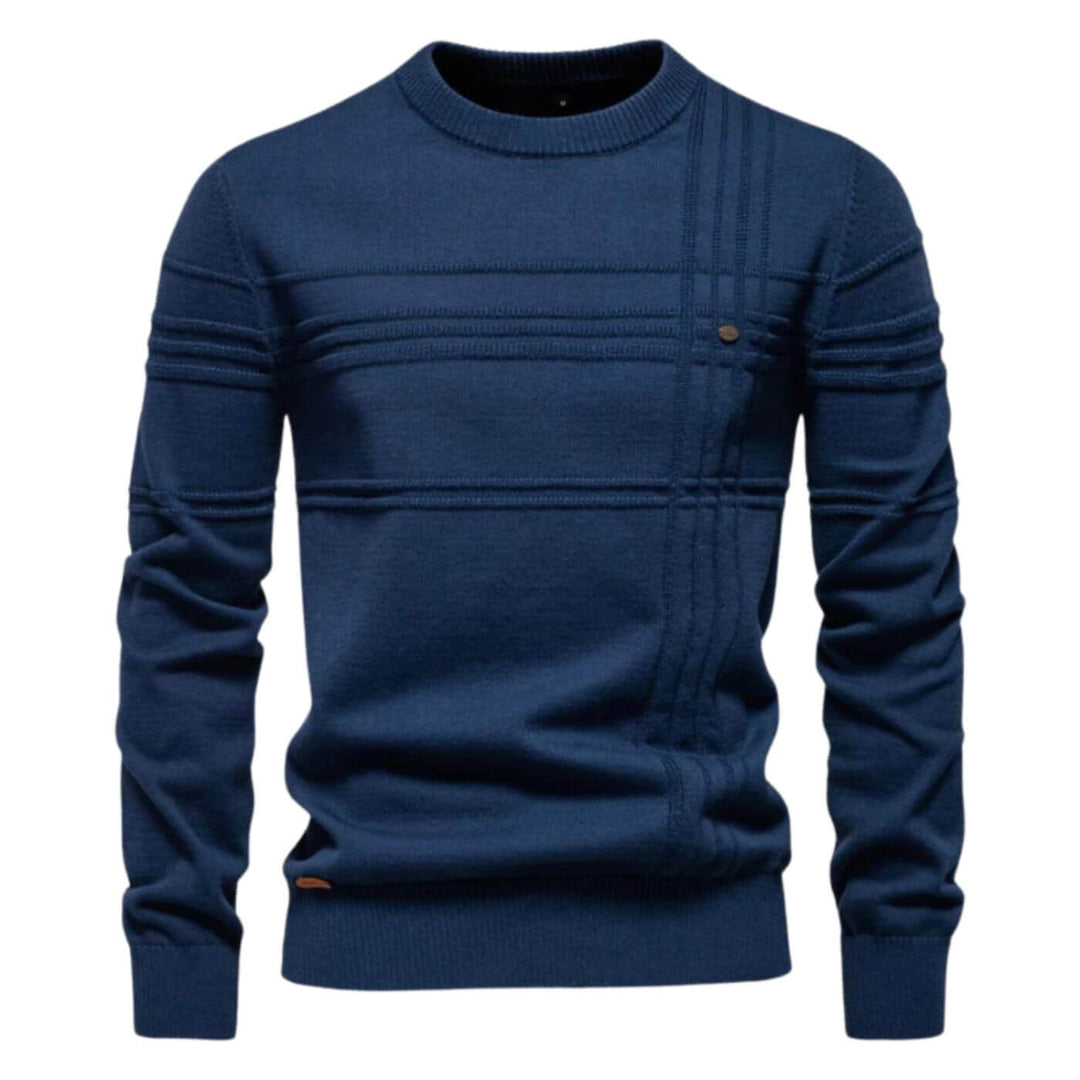 Stylish men's crew neck long sleeve sweater, refined line details, perfect for modern fall & winter outfits.