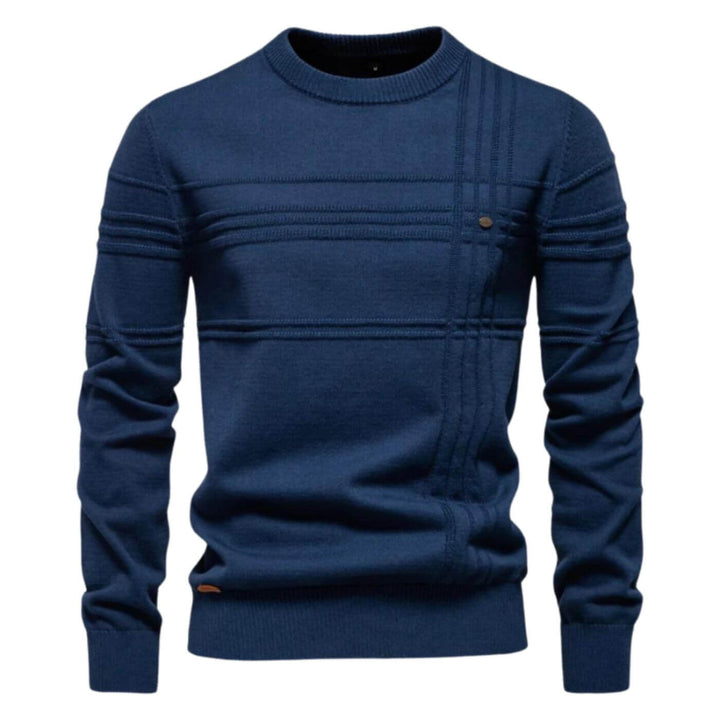 Stylish men's crew neck long sleeve sweater, refined line details, perfect for modern fall & winter outfits.