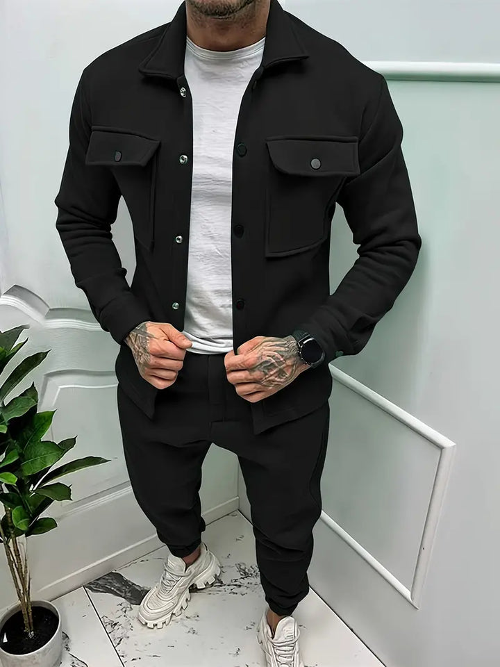 Men's stylish casual jacket and trousers outfit set, perfect for fall fashion and everyday wear.