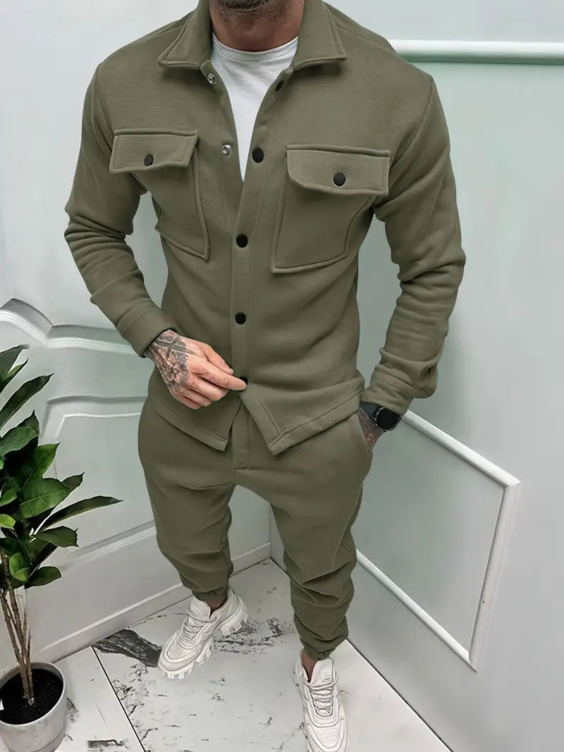 Fashionable men's jacket and trousers outfit set, designed for casual comfort during the autumn season.