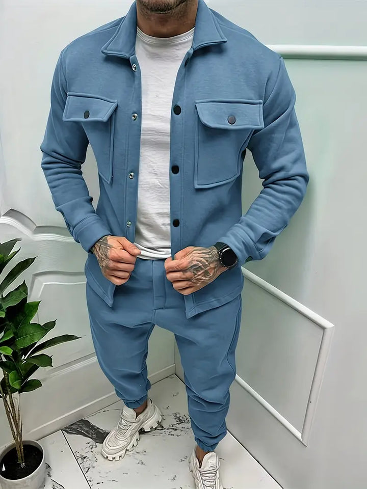 A modern men's two-piece outfit: stylish jacket & matching trousers, ideal for everyday casual wear.