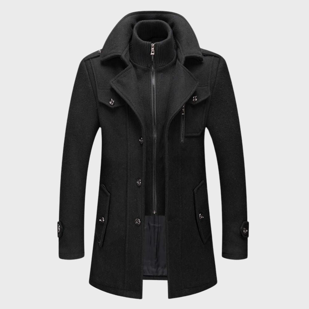 Close-up of a men's warm casual winter jacket, showcasing durable fabric and modern design details.
