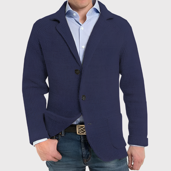 Men's stylish charcoal knit blazer cardigan, button-front, perfect for smart casual layering & warmth. Fall/winter fashion.