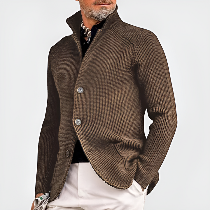 Comfortable men's navy knit blazer cardigan. Versatile button-front sweater for everyday wear & layering. Smart casual style.