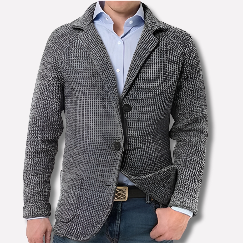 Men's versatile knit blazer cardigan, blending sweater comfort with blazer style. Ideal button-front layering for fall fashion.