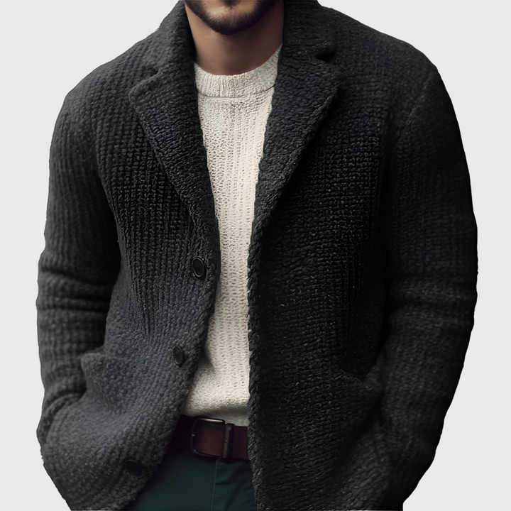 Warm men's knit blazer cardigan, button-front, perfect fall/winter layering piece. Stylish & comfortable men's sweater for daily wear.